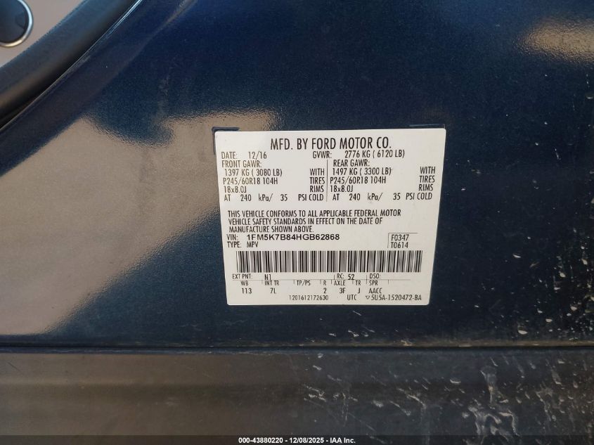 2017 Ford Explorer VIN: 1FM5K7B84HGB62868 Lot: 43880220