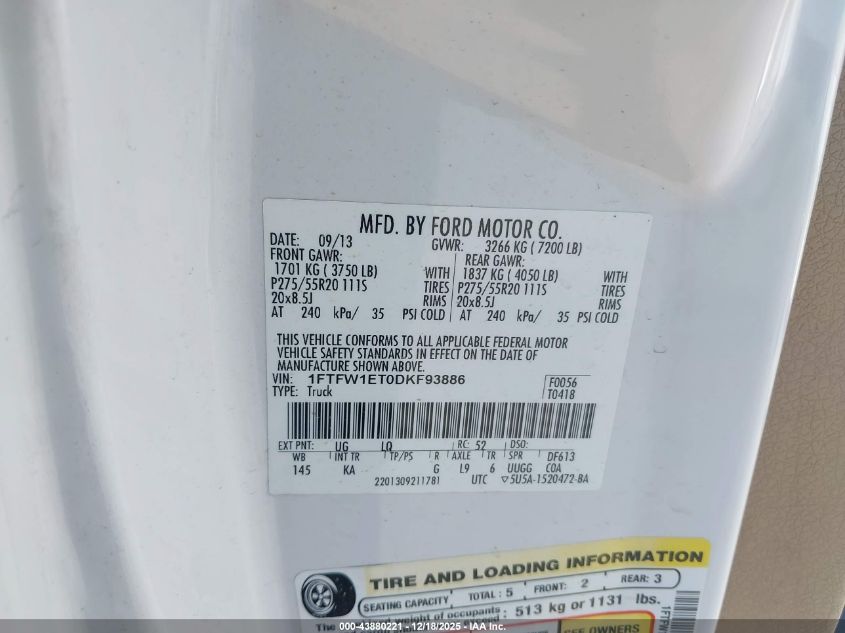 2013 Ford F-150 King Ranch VIN: 1FTFW1ET0DKF93886 Lot: 43880221