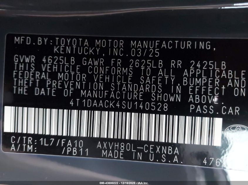 2025 Toyota Camry Le VIN: 4T1DAACK4SU140528 Lot: 43880222