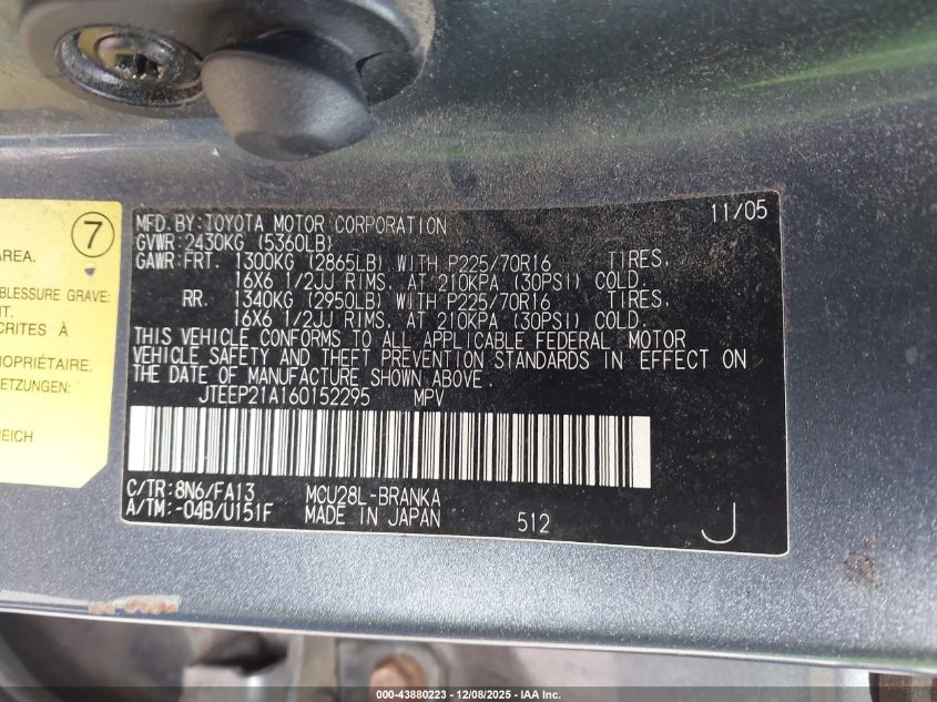 2006 Toyota Highlander V6 VIN: JTEEP21A160152295 Lot: 43880223