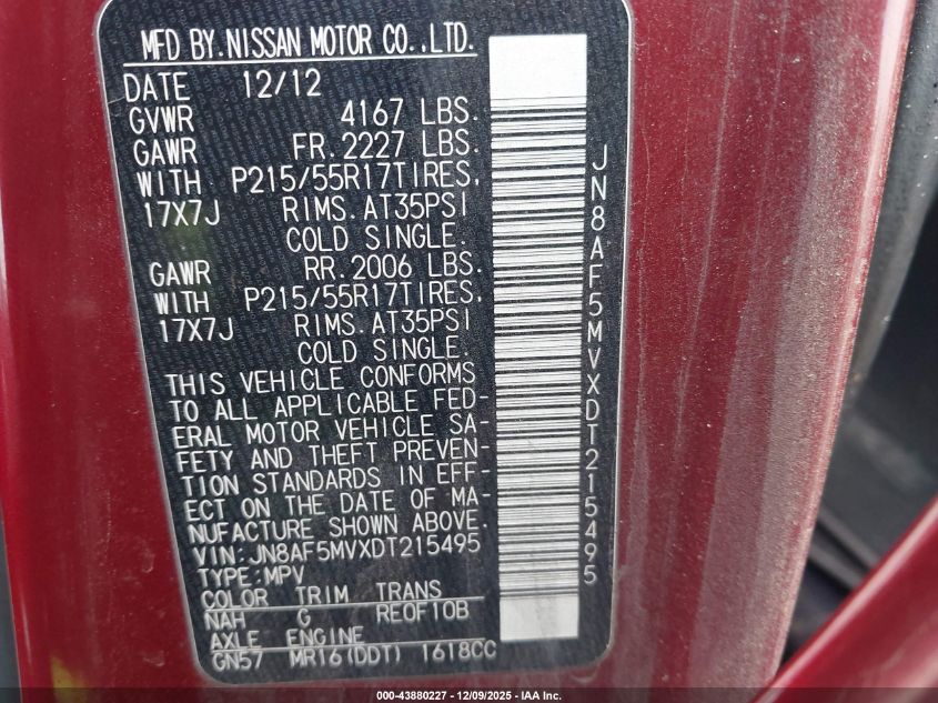 2013 Nissan Juke Sv VIN: JN8AF5MVXDT215495 Lot: 43880227