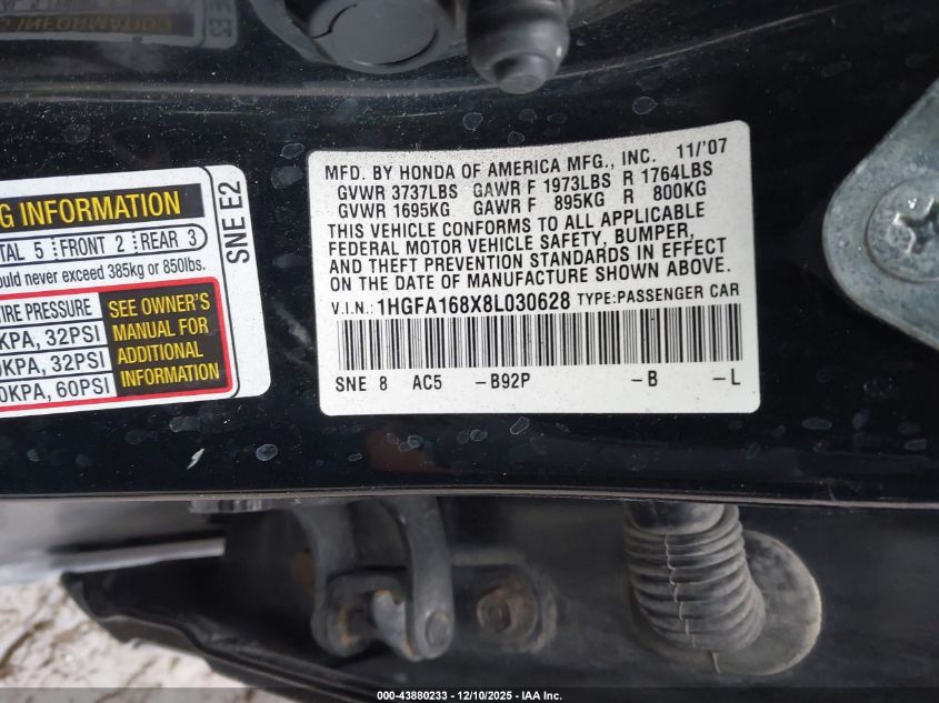 2008 Honda Civic Ex VIN: 1HGFA168X8L030628 Lot: 43880233