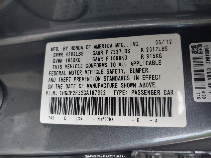 2012 Honda Accord 2.4 Lx VIN: 1HGCP2F32CA167952 Lot: 43880235