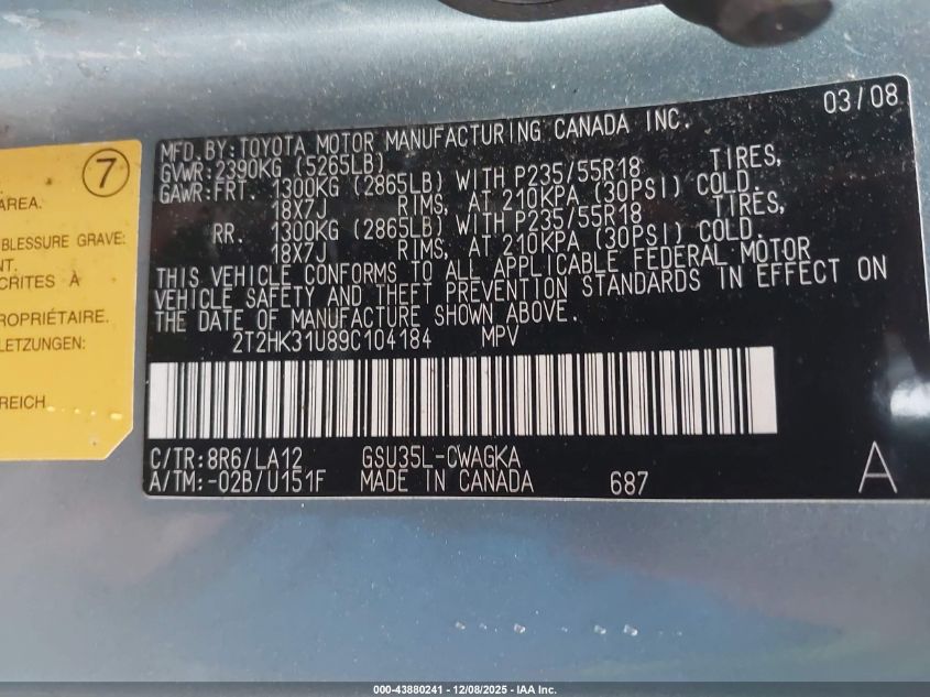 2009 Lexus Rx 350 VIN: 2T2HK31U89C104184 Lot: 43880241