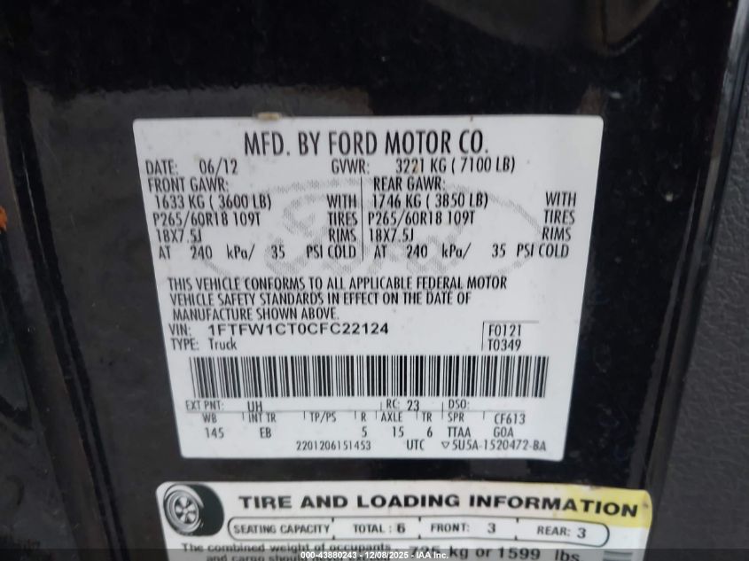 2012 Ford F-150 Lariat VIN: 1FTFW1CT0CFC22124 Lot: 43880243