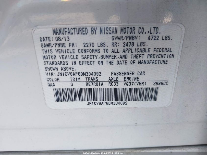 2013 Infiniti G37 Journey VIN: JN1CV6AP6DM304092 Lot: 43880246