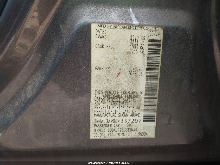 2014 Nissan Altima 2.5 S VIN: 1N4AL3AP0EN357297 Lot: 43880247