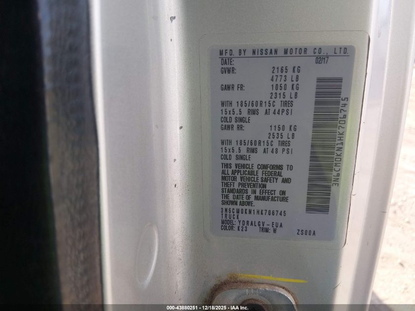 2017 Nissan Nv200 Sv VIN: 3N6CM0KN1HK706745 Lot: 43880251