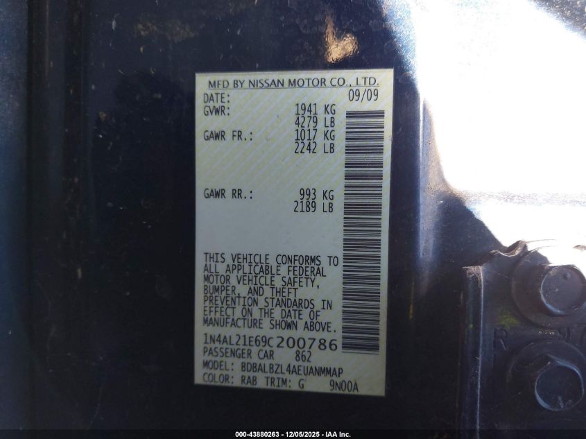2009 Nissan Altima 2.5 S VIN: 1N4AL21E69C200786 Lot: 43880263