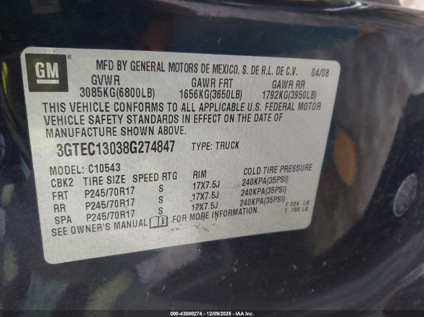 2008 GMC Sierra 1500 Sle1 VIN: 3GTEC13038G274847 Lot: 43880274