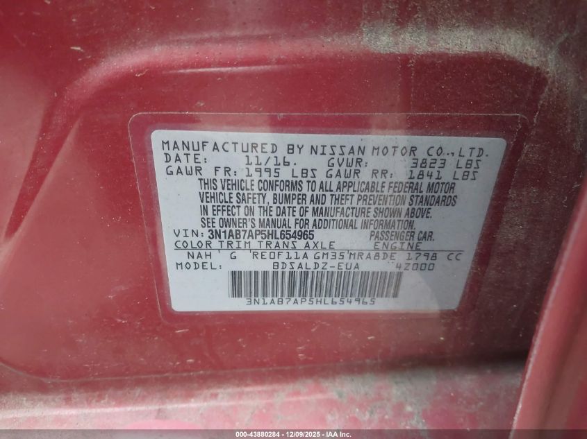 2017 Nissan Sentra Sv VIN: 3N1AB7AP5HL654965 Lot: 43880284