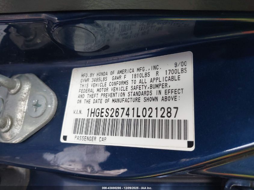 2001 Honda Civic Ex VIN: 1HGES26741L021287 Lot: 43880286
