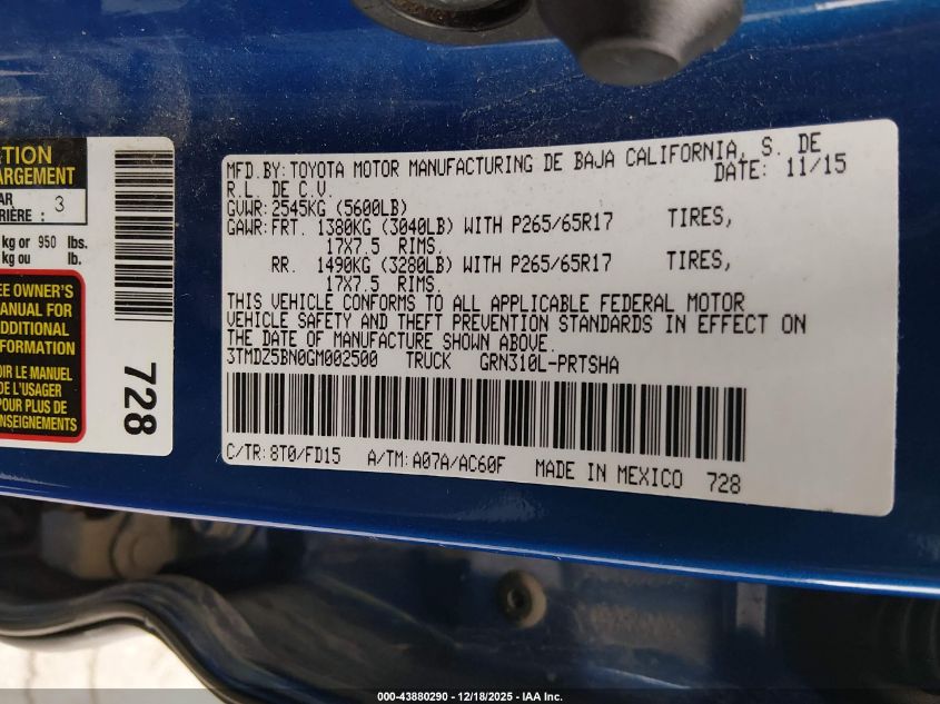 2016 Toyota Tacoma Trd Sport VIN: 3TMDZ5BN0GM002500 Lot: 43880290