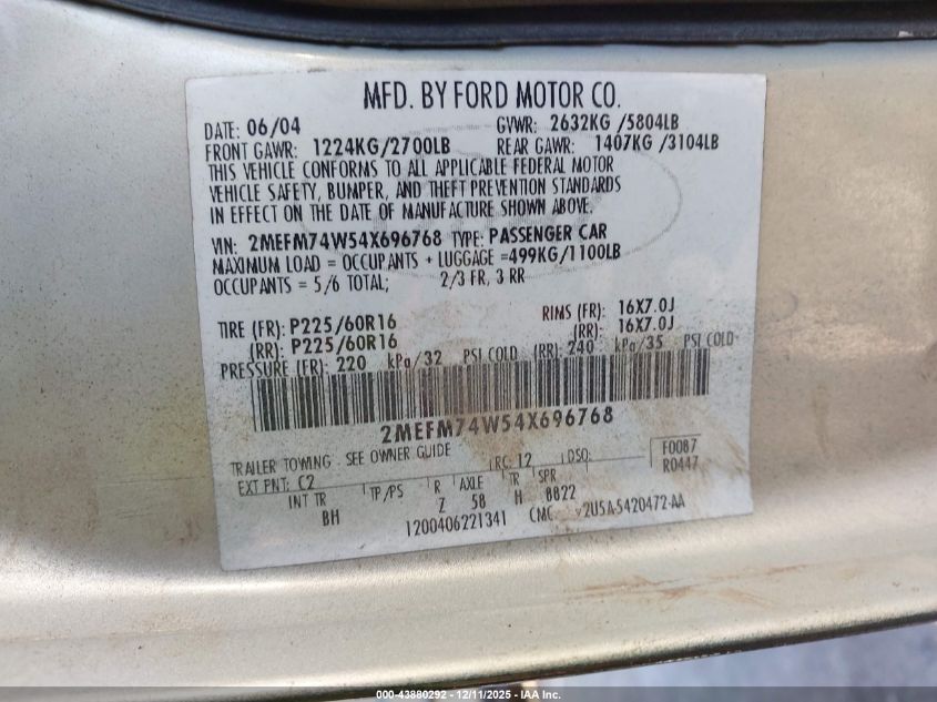 2004 Mercury Grand Marquis Gs VIN: 2MEFM74W54X696768 Lot: 43880292