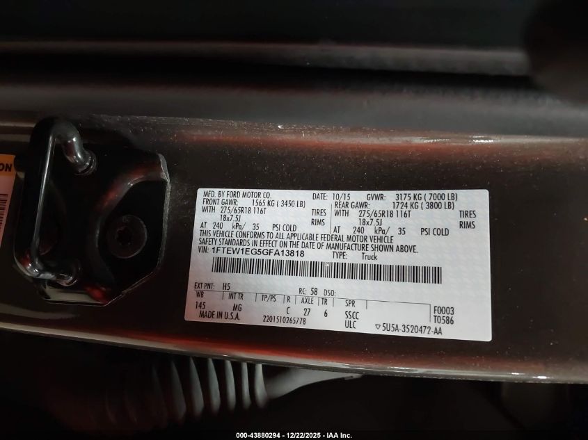 2016 Ford F-150 Xlt VIN: 1FTEW1EG5GFA13818 Lot: 43880294