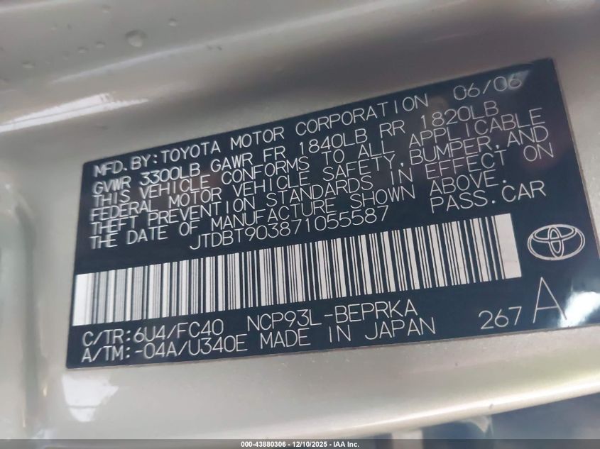 2007 Toyota Yaris VIN: JTDBT903871055587 Lot: 43880306