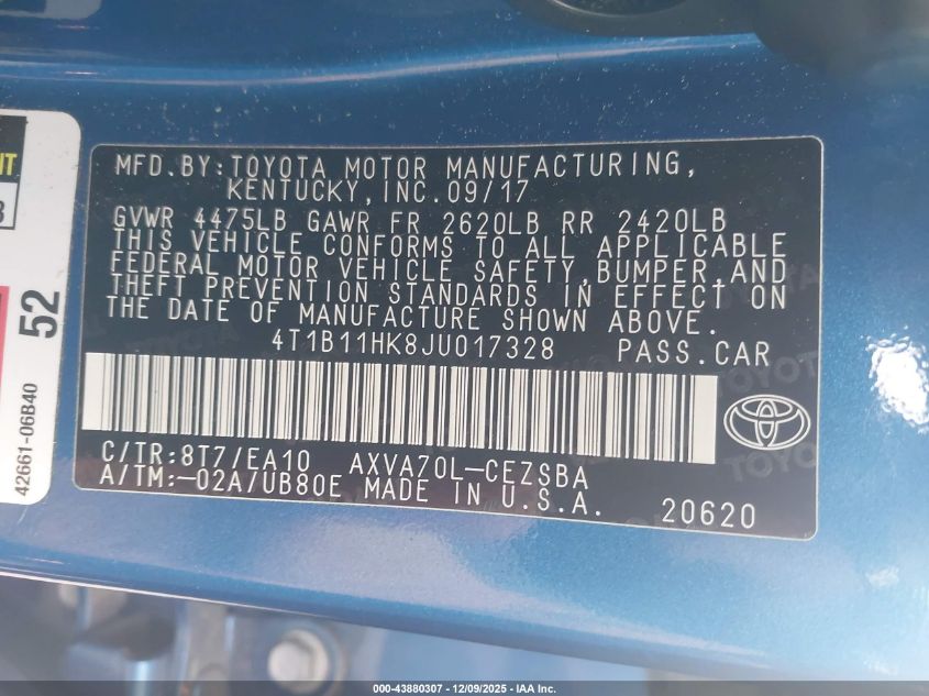 2018 Toyota Camry Se VIN: 4T1B11HK8JU017328 Lot: 43880307