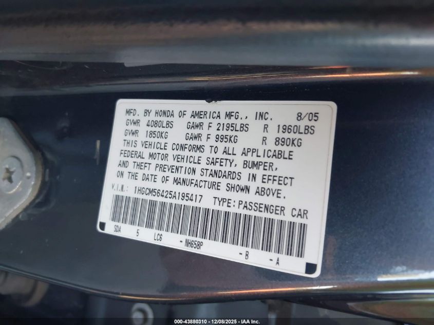 2005 Honda Accord 2.4 Lx VIN: 1HGCM56425A195417 Lot: 43880310