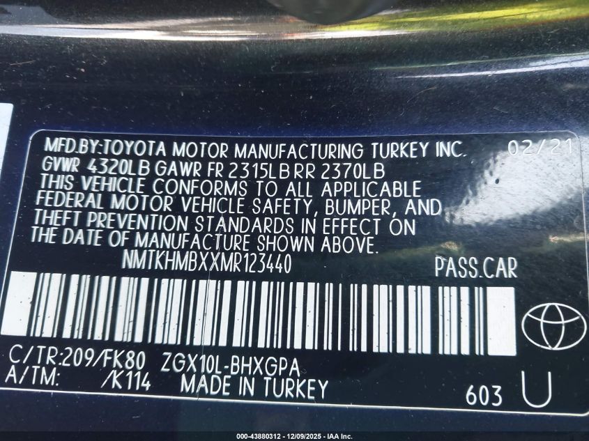 2021 Toyota C-Hr Xle VIN: NMTKHMBXXMR123440 Lot: 43880312