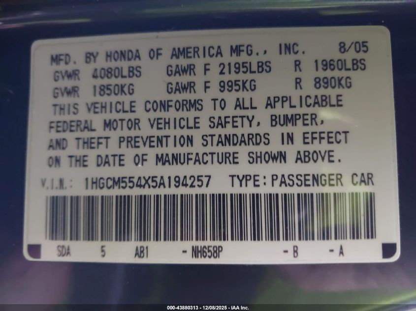 2005 Honda Accord 2.4 Lx VIN: 1HGCM554X5A194257 Lot: 43880313