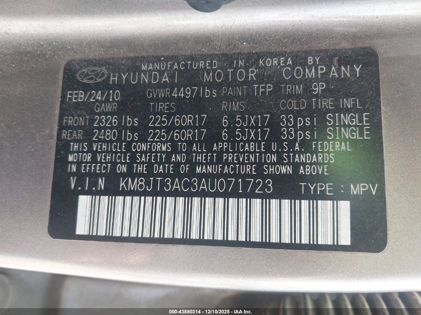 2010 Hyundai Tucson Gls VIN: KM8JT3AC3AU071723 Lot: 43880314