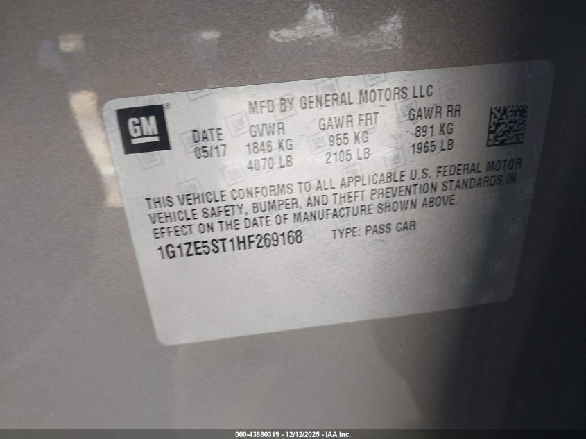 2017 Chevrolet Malibu 1Lt VIN: 1G1ZE5ST1HF269168 Lot: 43880319