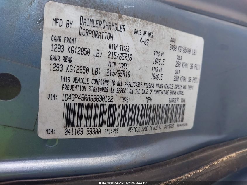 2006 Dodge Caravan Sxt VIN: 1D4GP45R86B690122 Lot: 43880324