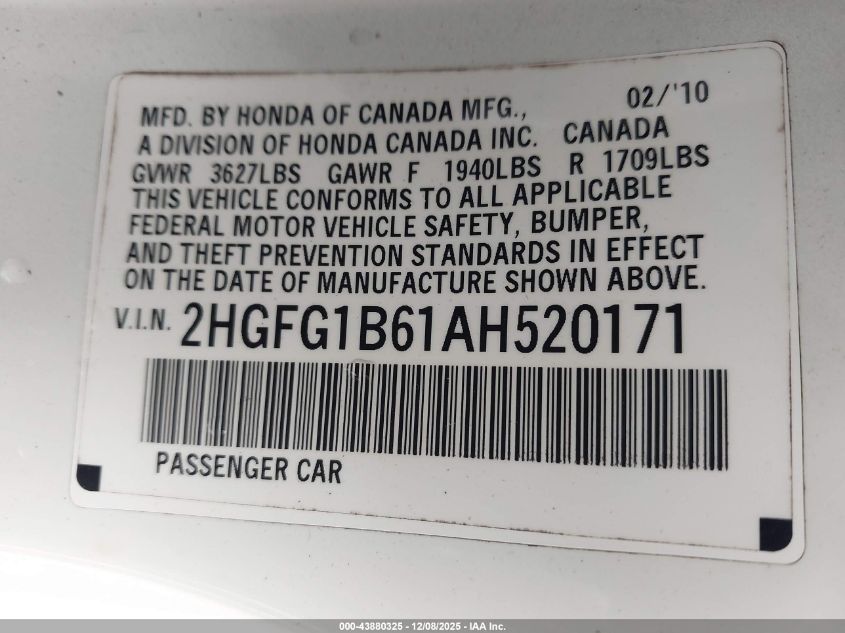 2010 Honda Civic Lx VIN: 2HGFG1B61AH520171 Lot: 43880325