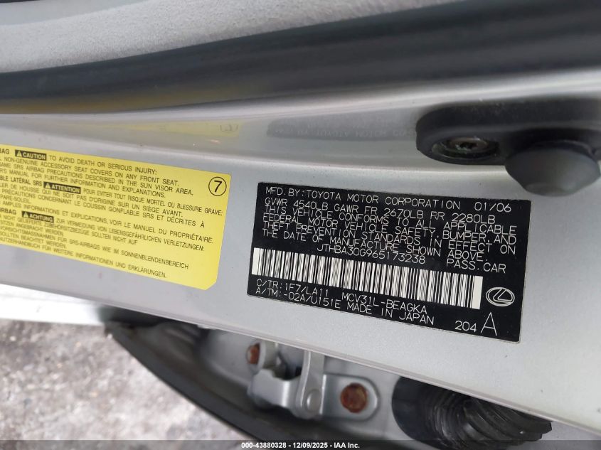 2006 Lexus Es 330 VIN: JTHBA30G965173238 Lot: 43880328