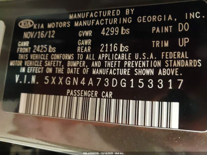 2013 Kia Optima Ex VIN: 5XXGN4A73DG153317 Lot: 43880336