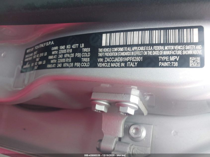 2017 Jeep Renegade Limited Fwd VIN: ZACCJADB1HPF62801 Lot: 43880339