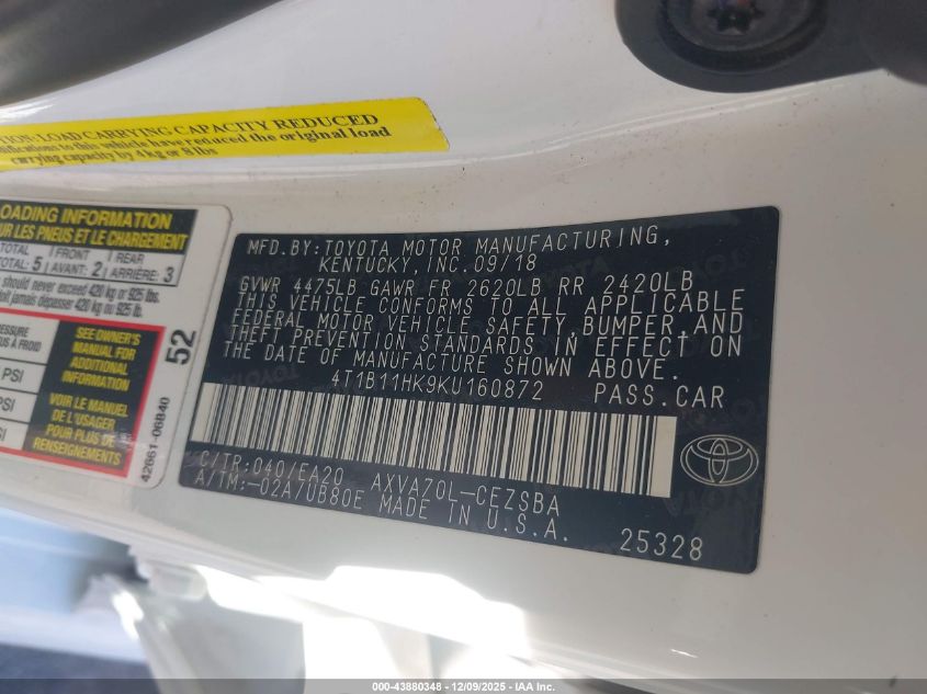 2019 Toyota Camry Se VIN: 4T1B11HK9KU160872 Lot: 43880348