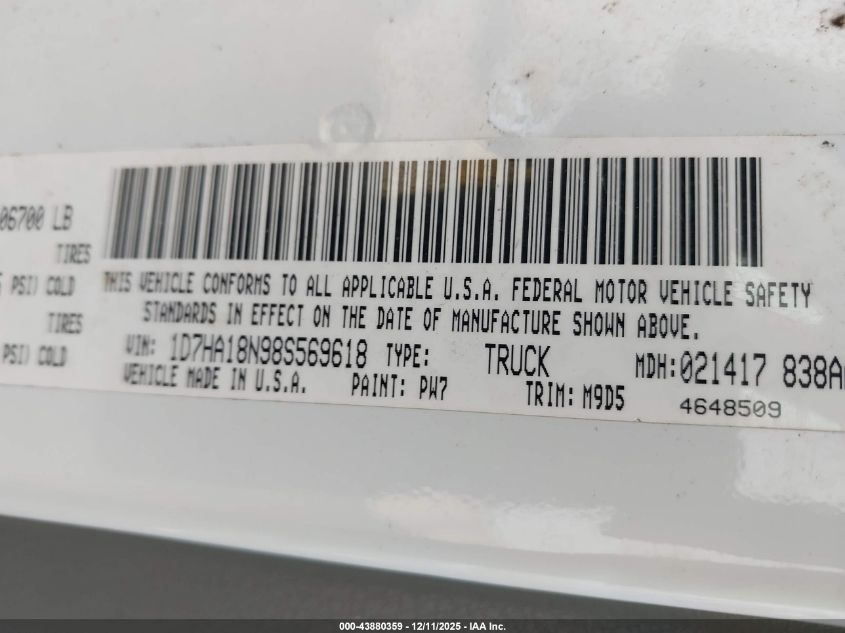 2008 Dodge Ram 1500 Slt VIN: 1D7HA18N98S569618 Lot: 43880359