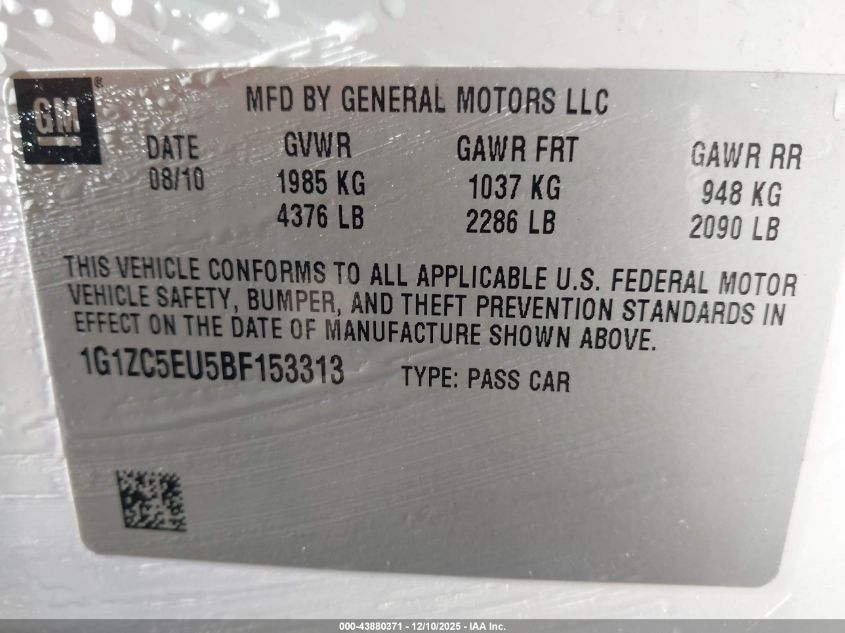 2011 Chevrolet Malibu 1Lt VIN: 1G1ZC5EU5BF153313 Lot: 43880371