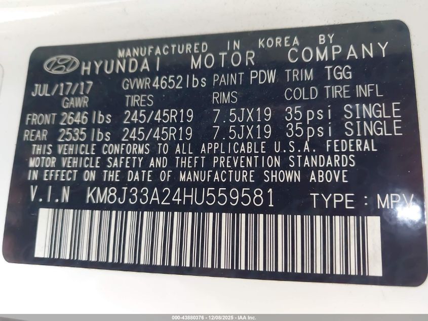 2017 Hyundai Tucson Value VIN: KM8J33A24HU559581 Lot: 43880376