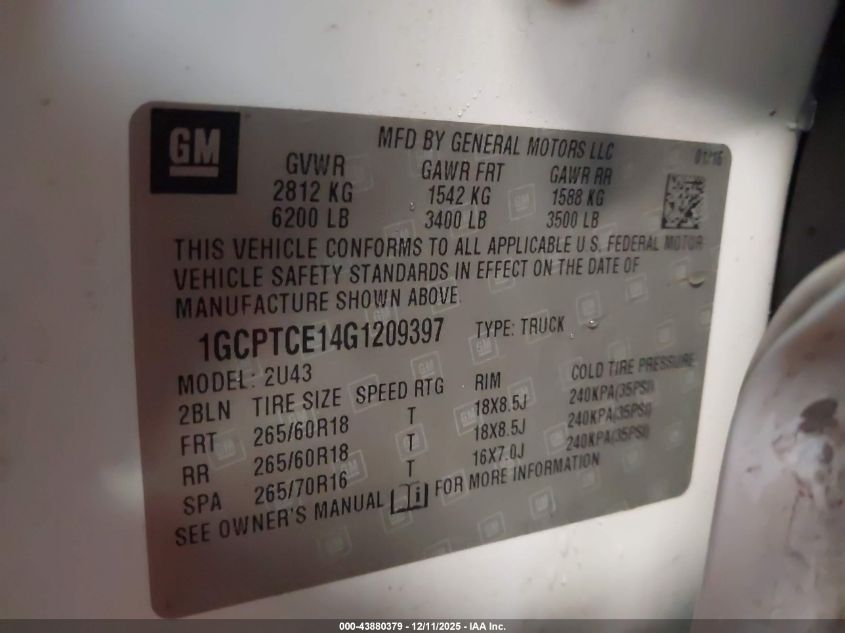 2016 Chevrolet Colorado Lt VIN: 1GCPTCE14G1209397 Lot: 43880379