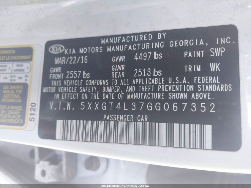 2016 Kia Optima Lx VIN: 5XXGT4L37GG067352 Lot: 43880383