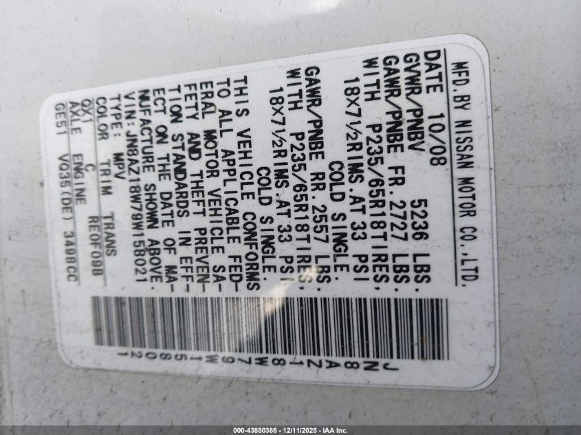 2009 Nissan Murano Sl VIN: JN8AZ18W79W158021 Lot: 43880386