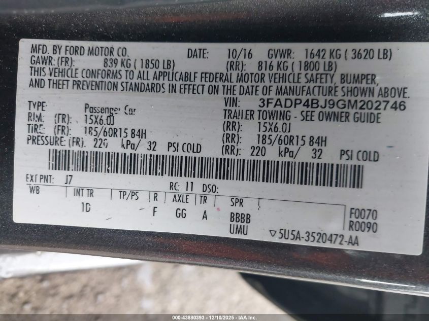 2016 Ford Fiesta Se VIN: 3FADP4BJ9GM202746 Lot: 43880393