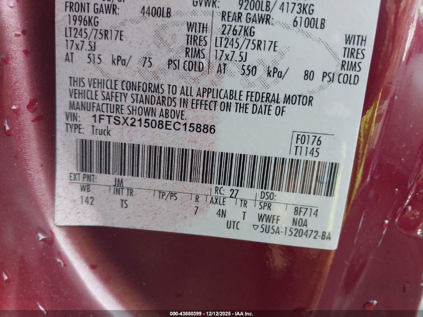2008 Ford F-250 Fx4/Lariat/Xl/Xlt VIN: 1FTSX21508EC15886 Lot: 43880399