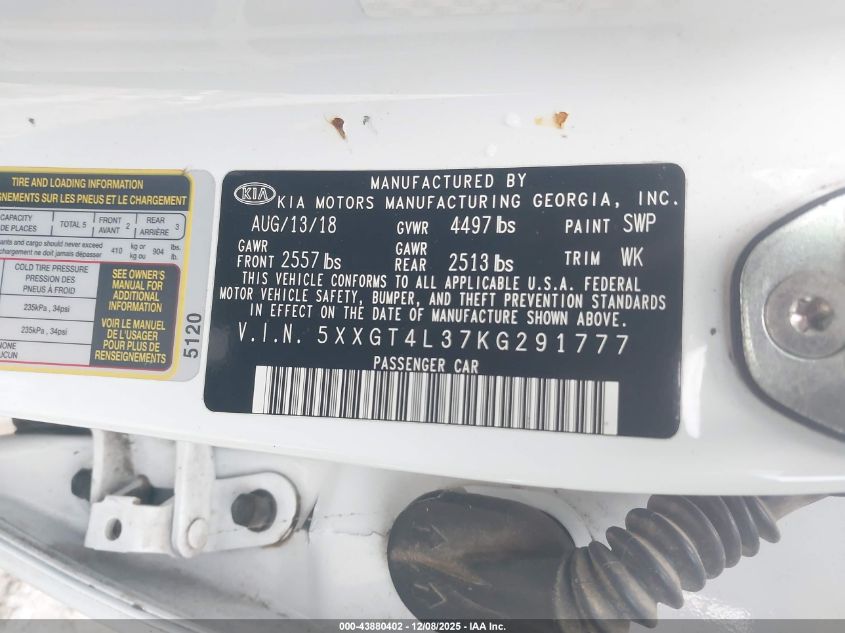 2019 Kia Optima Lx VIN: 5XXGT4L37KG291777 Lot: 43880402