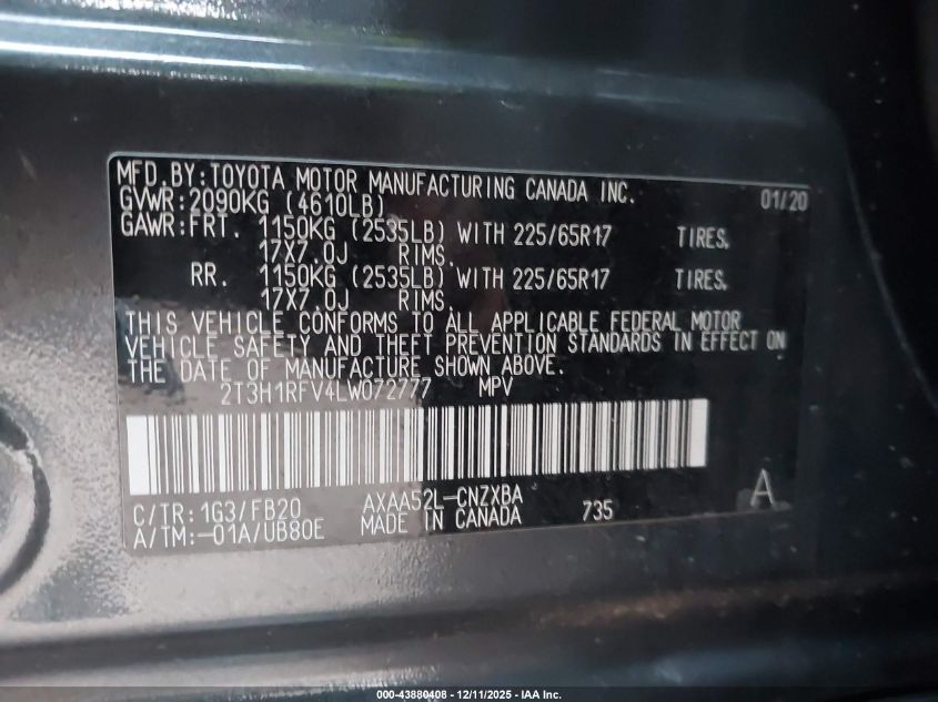 2020 Toyota Rav4 Le VIN: 2T3H1RFV4LW072777 Lot: 43880408