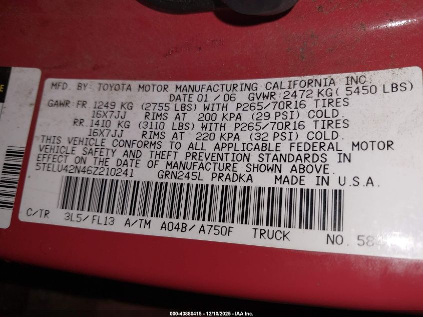 2006 Toyota Tacoma Base V6 VIN: 5TELU42N46Z210241 Lot: 43880415