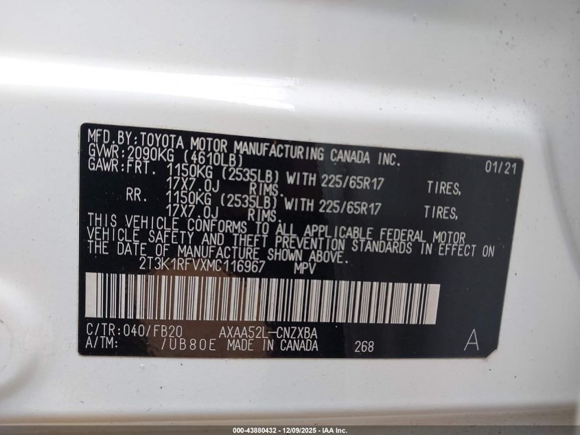 2021 Toyota Rav4 Le VIN: 2T3K1RFVXMC116967 Lot: 43880432