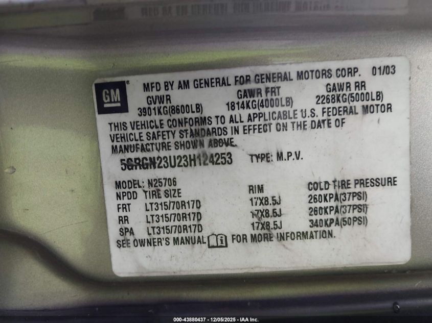 2003 Hummer H2 VIN: 5GRGN23U23H124253 Lot: 43880437