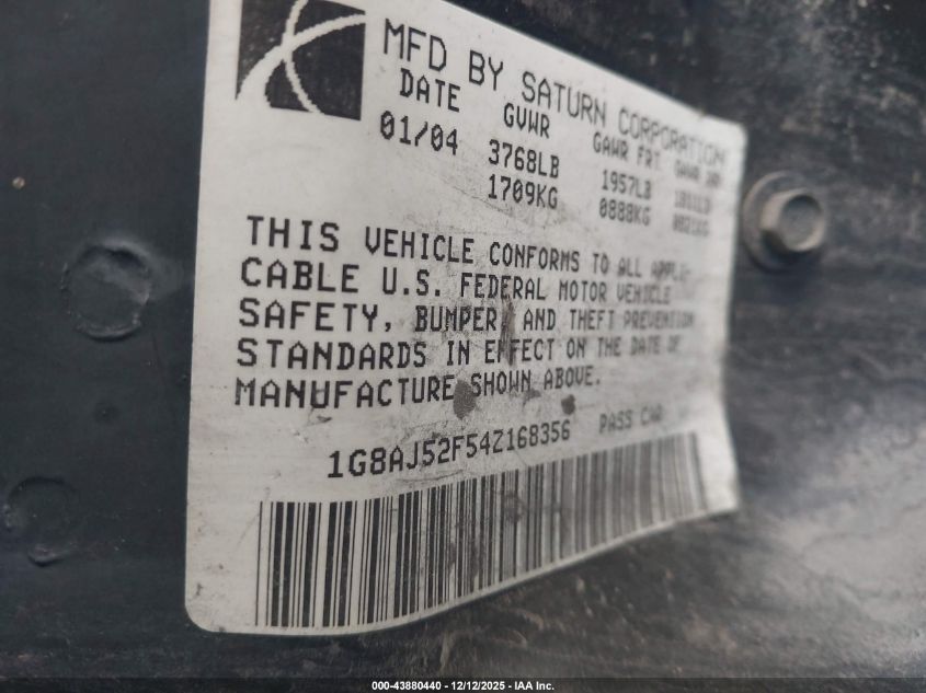 2004 Saturn Ion 2 VIN: 1G8AJ52F54Z168356 Lot: 43880440