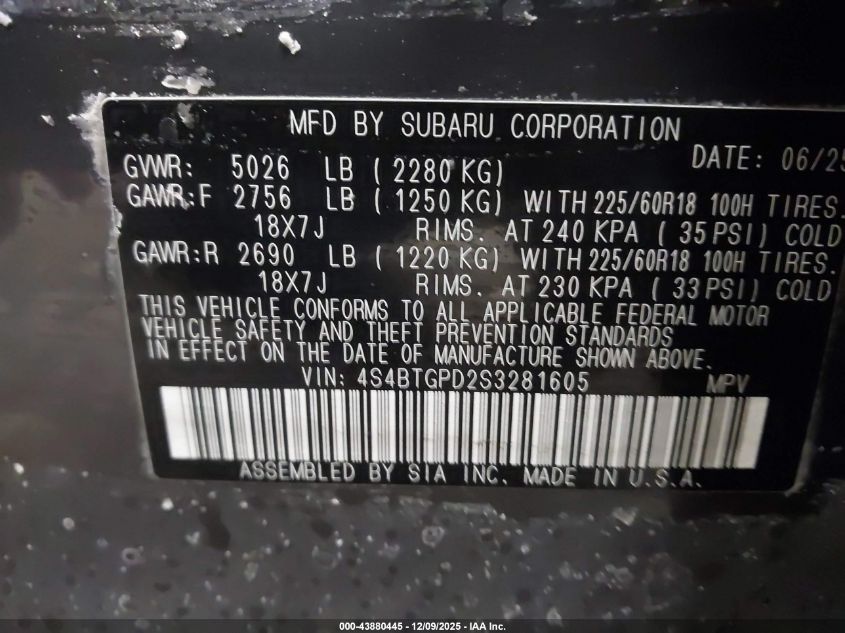 2025 Subaru Outback Touring Xt VIN: 4S4BTGPD2S3281605 Lot: 43880445