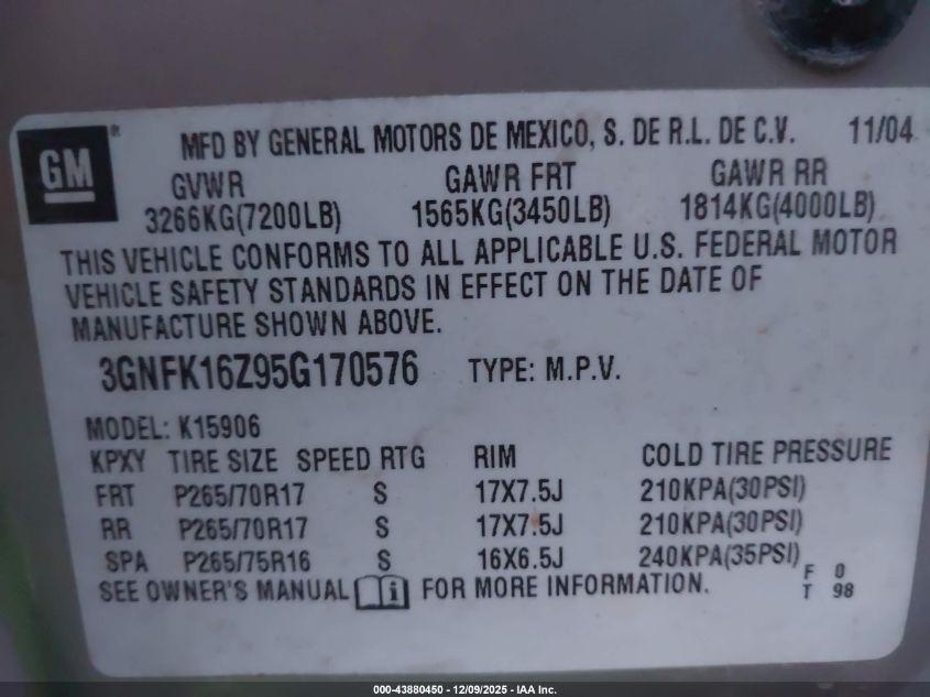 2005 Chevrolet Suburban 1500 Z71 VIN: 3GNFK16Z95G170576 Lot: 43880450