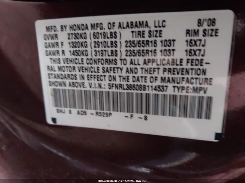 2008 Honda Odyssey Ex-L VIN: 5FNRL38608B114537 Lot: 43880460