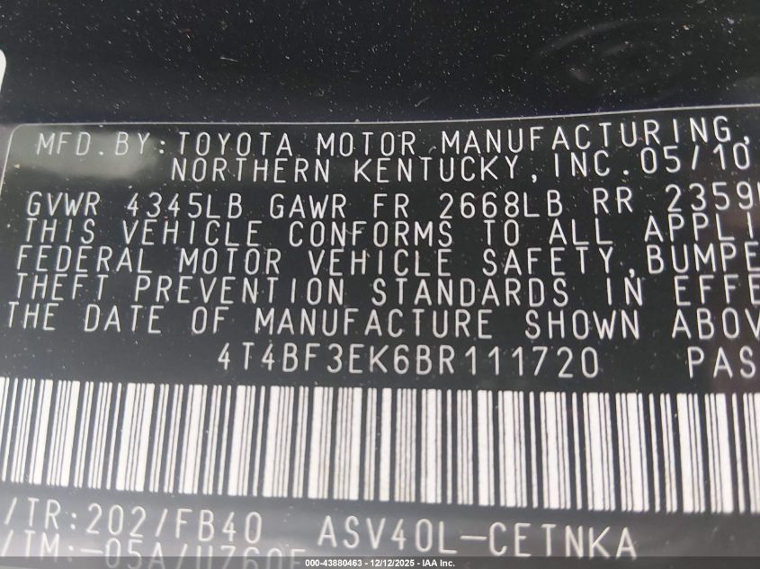 2011 Toyota Camry Le VIN: 4T4BF3EK6BR111720 Lot: 43880463